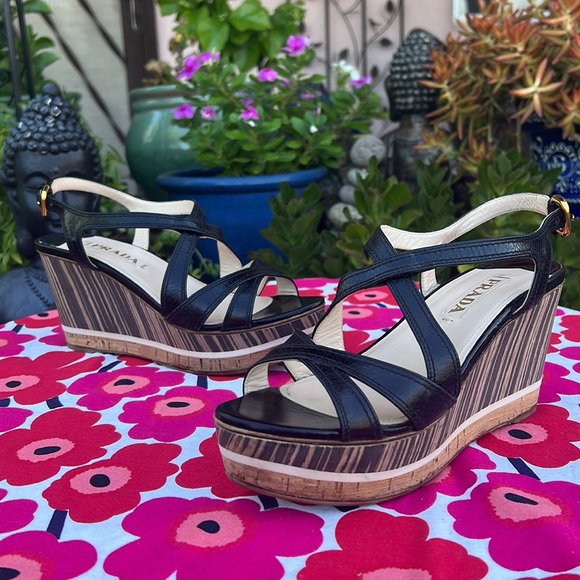 Prada Black Leather Platform Ankle Strap Wedge Sandals EU 38 - Picture 1 of 16